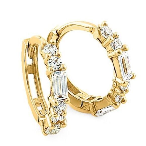Solid 14K Yellow Gold Round & Baguette Straight CZ Hoop Earrings New - Picture 1 of 3